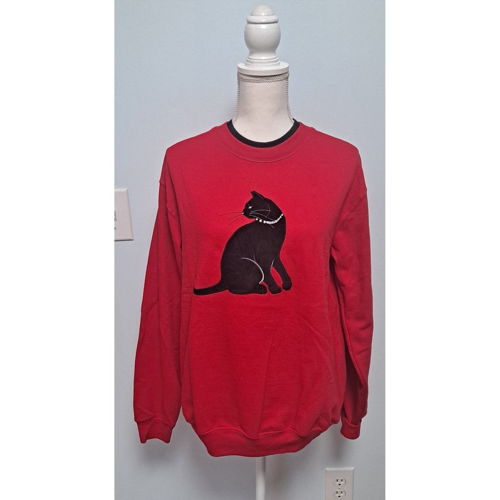 VTG Country Store Black Cat Halloween Sweatshirt Red M Cat Mom Whimsigoth Kitch
